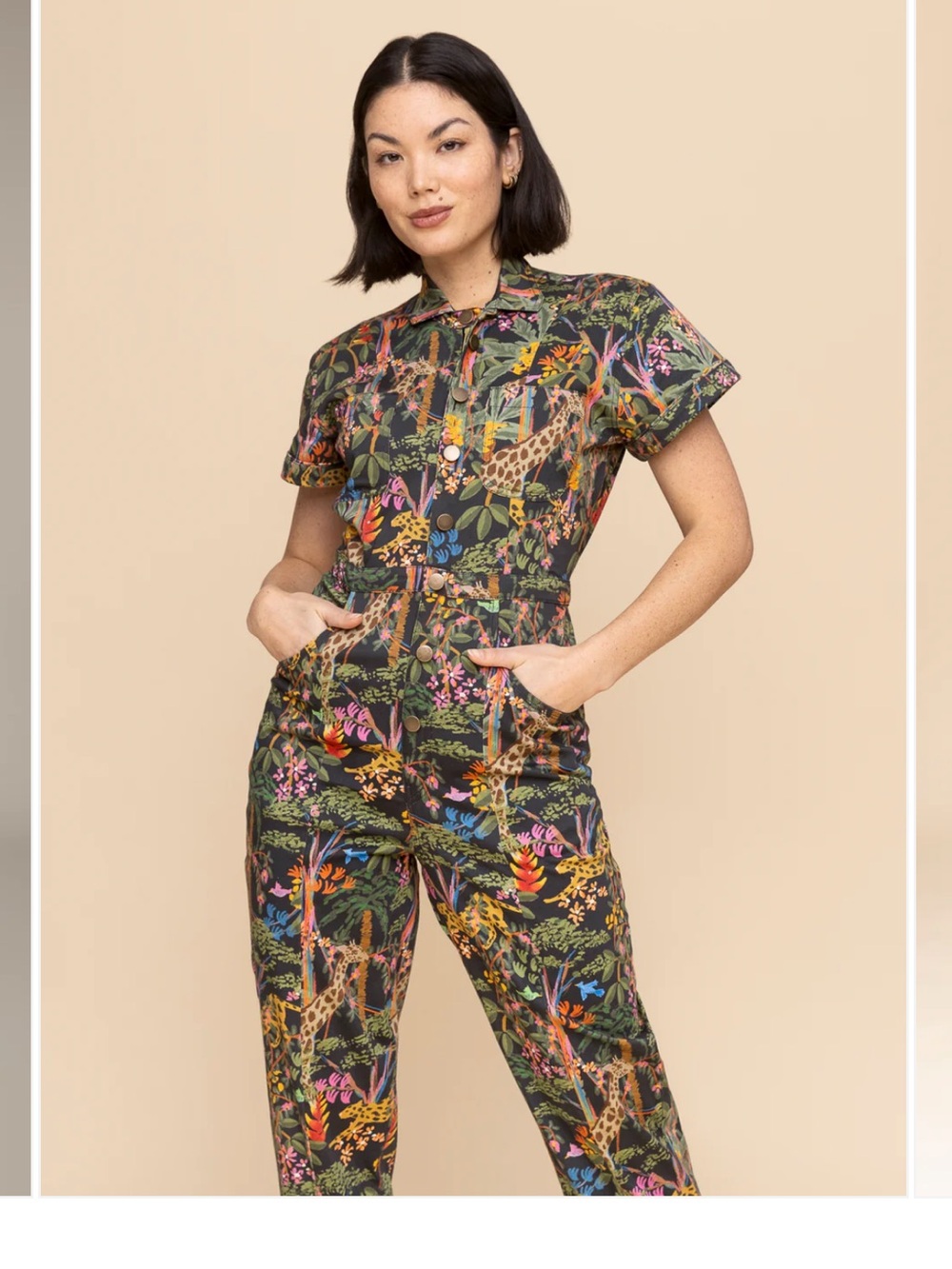 NWOT Tropical Print Short-Sleeve Jumpsuit - JUNGLE Pattern